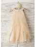 Boho Beach Champagne Tulle Knee Length Flower Girl Dress  Boho Beach Champagne Tulle Knee Length Flower Girl Dress